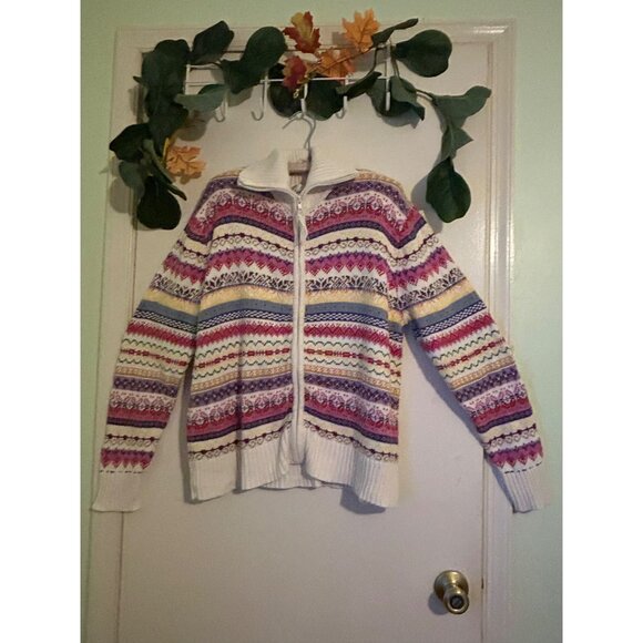 Vintage Carly St. Claire Size XL Cream + Multicolor Fair Isle Zip Front Cardigan - Picture 1 of 12